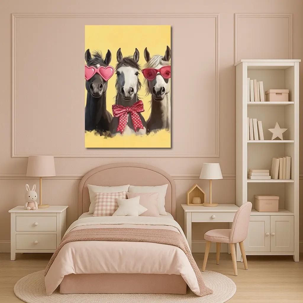 Three Funny Horses Wearing Sunglasses Yellow Background – Wall Art