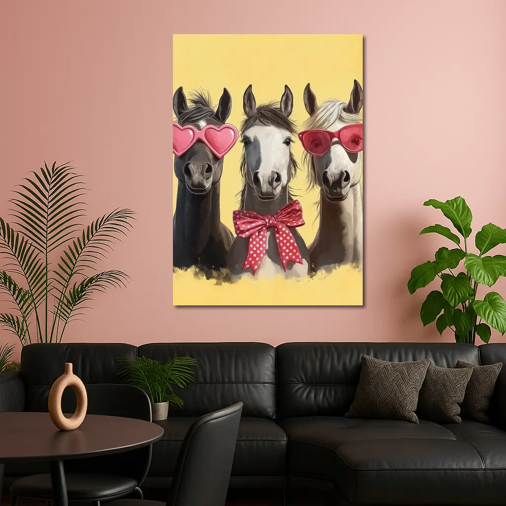 Three Funny Horses Wearing Sunglasses Yellow Background – Wall Art