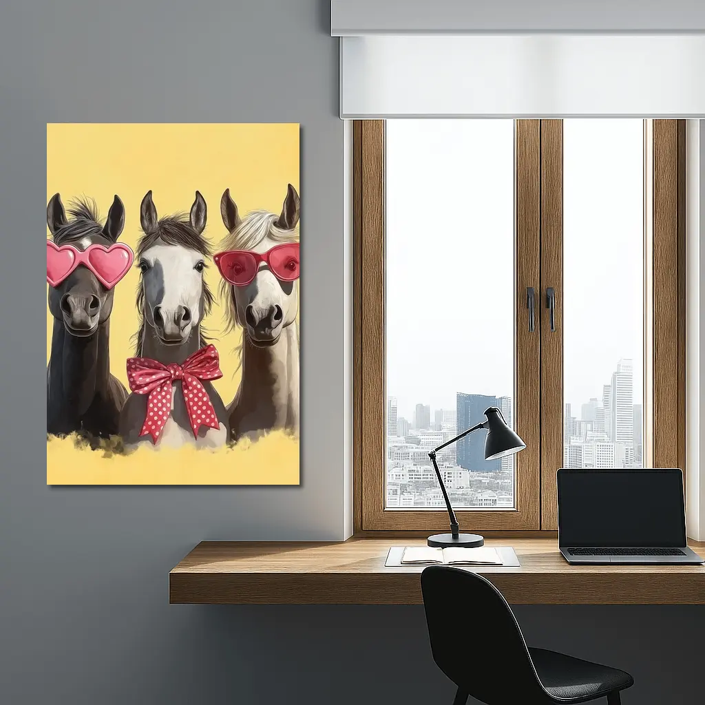 Three Funny Horses Wearing Sunglasses Yellow Background – Wall Art