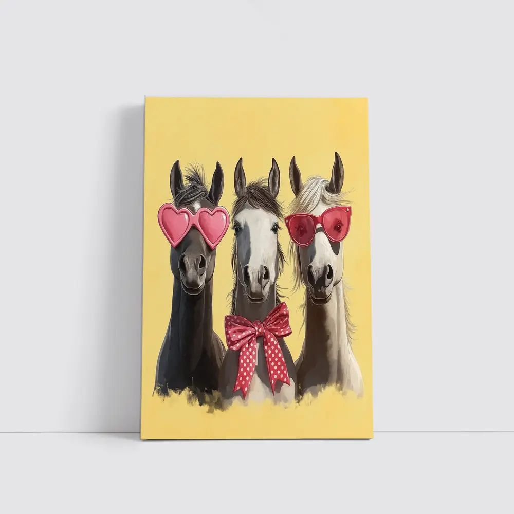 Three Funny Horses Wearing Sunglasses Yellow Background – Wall Art