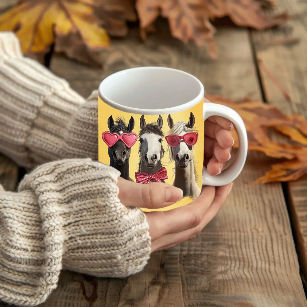 Three Funny Horses Wearing Sunglasses Yellow Background – Mugs