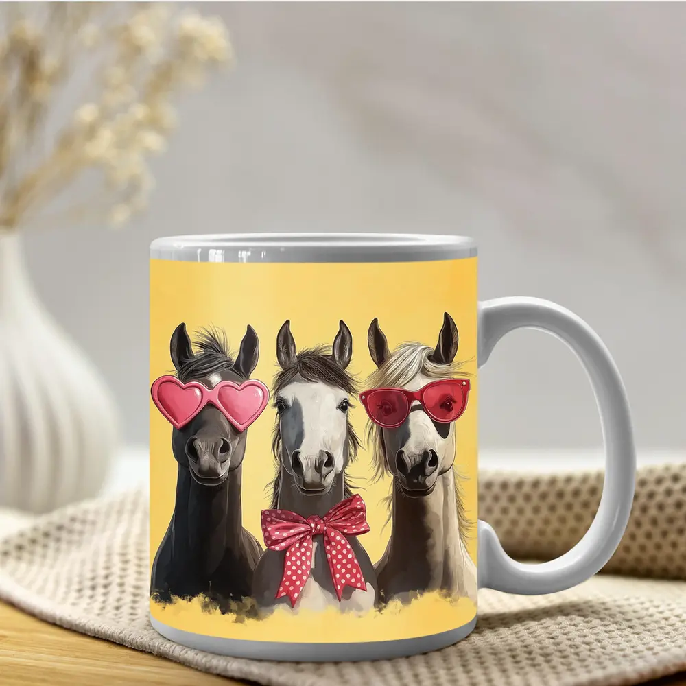 Three Funny Horses Wearing Sunglasses Yellow Background – Mugs