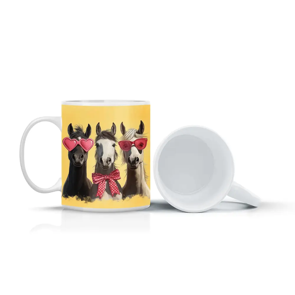 Three Funny Horses Wearing Sunglasses Yellow Background – Mugs