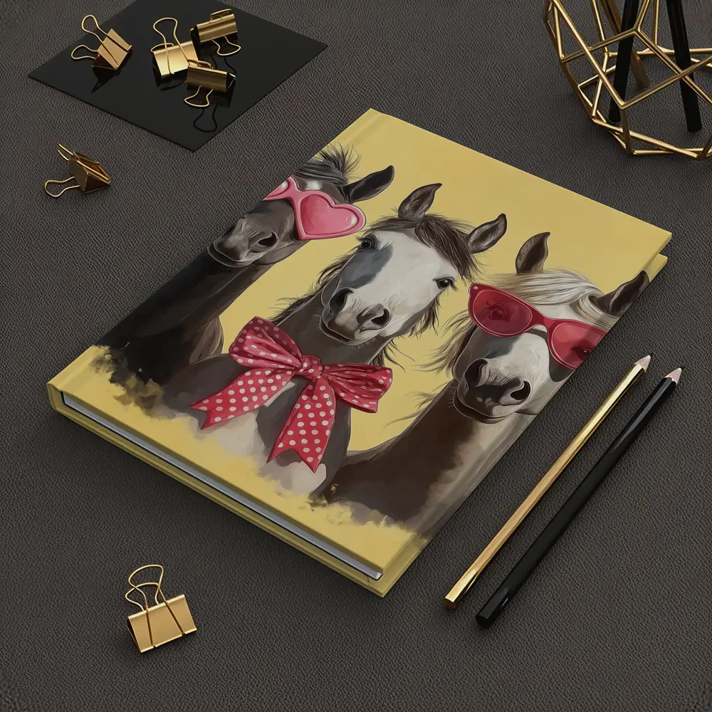 Three Funny Horses Wearing Sunglasses Yellow Background – Notebooks