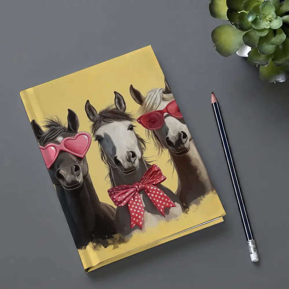 Three Funny Horses Wearing Sunglasses Yellow Background – Notebooks