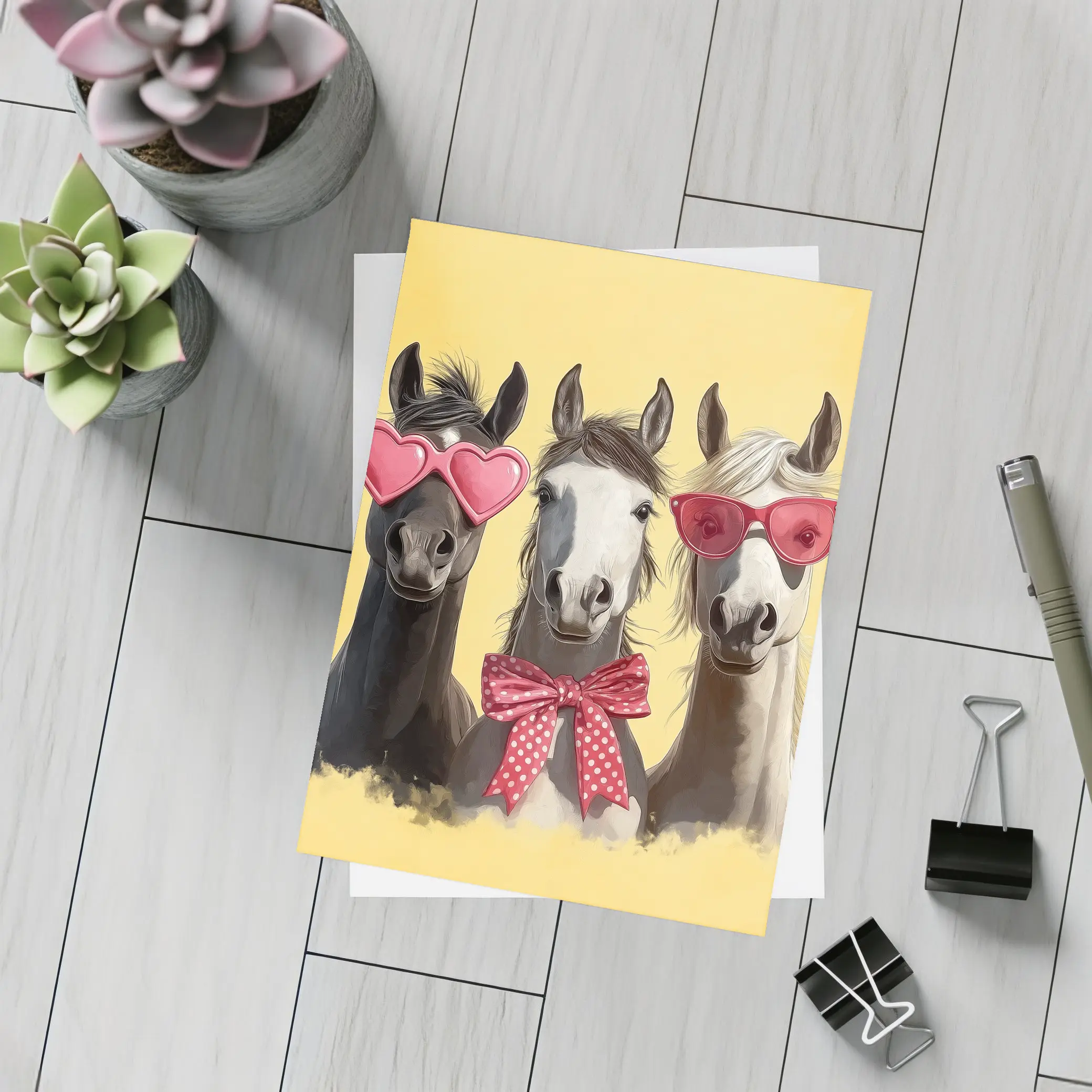 Three Funny Horses Wearing Sunglasses Yellow Background – Postcards