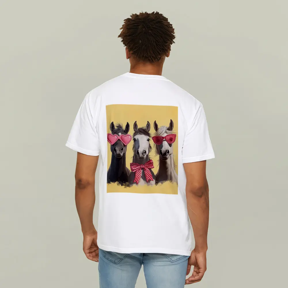 Three Funny Horses Wearing Sunglasses Yellow Background – T-Shirts