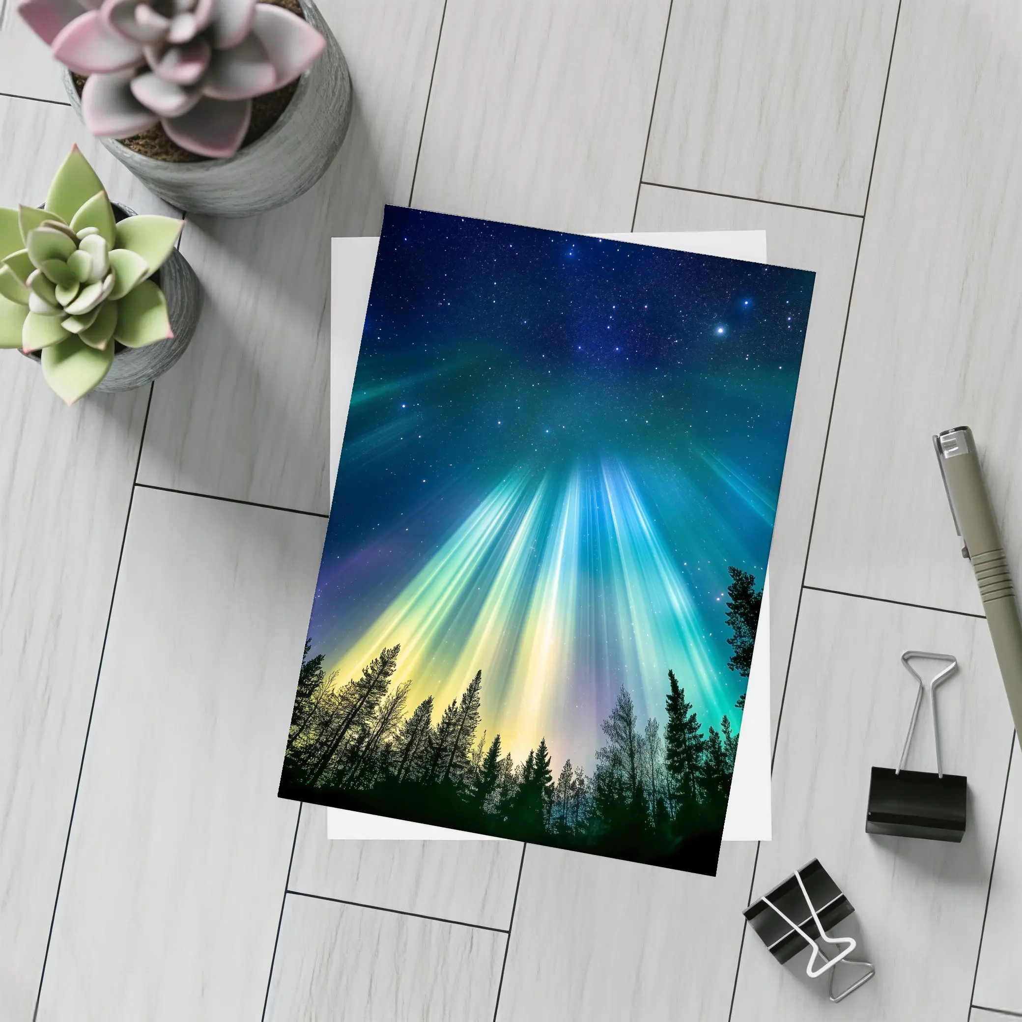 Aurora Borealis Northern Lights Forest Night – Postcards