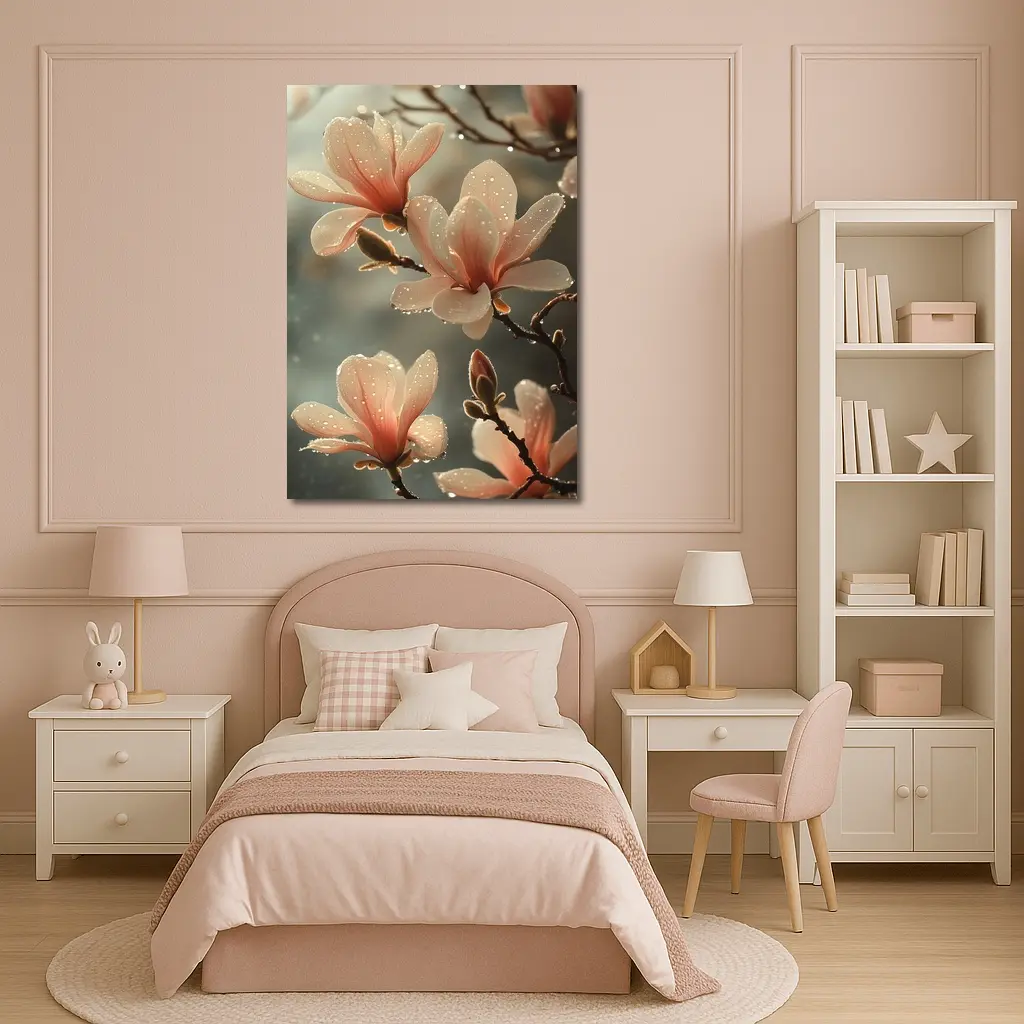 Pink Magnolia Flowers With Dew Drops – Wall Art