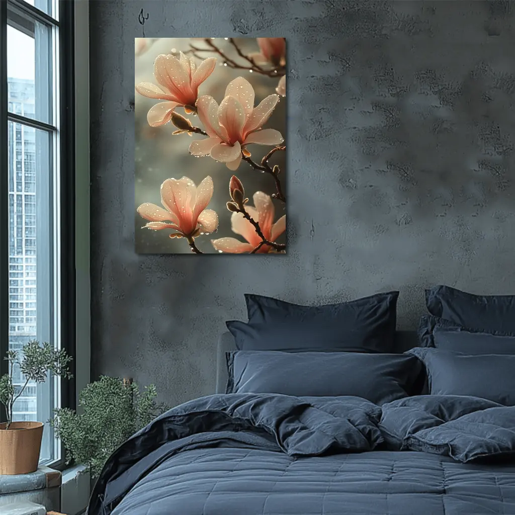 Pink Magnolia Flowers With Dew Drops – Wall Art