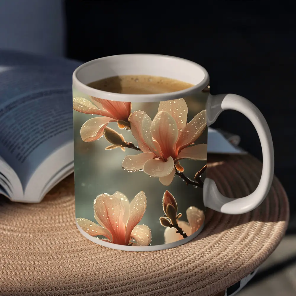 Pink Magnolia Flowers With Dew Drops – Mugs
