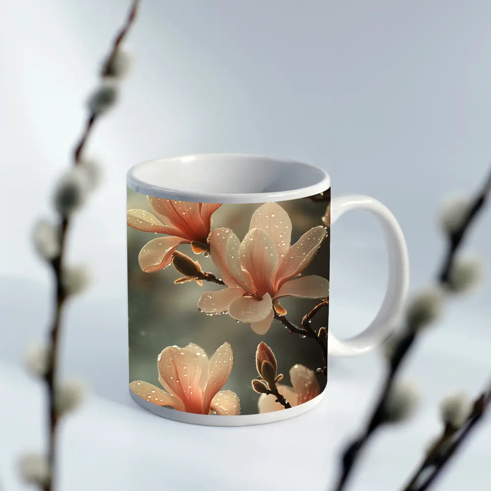 Pink Magnolia Flowers With Dew Drops – Mugs