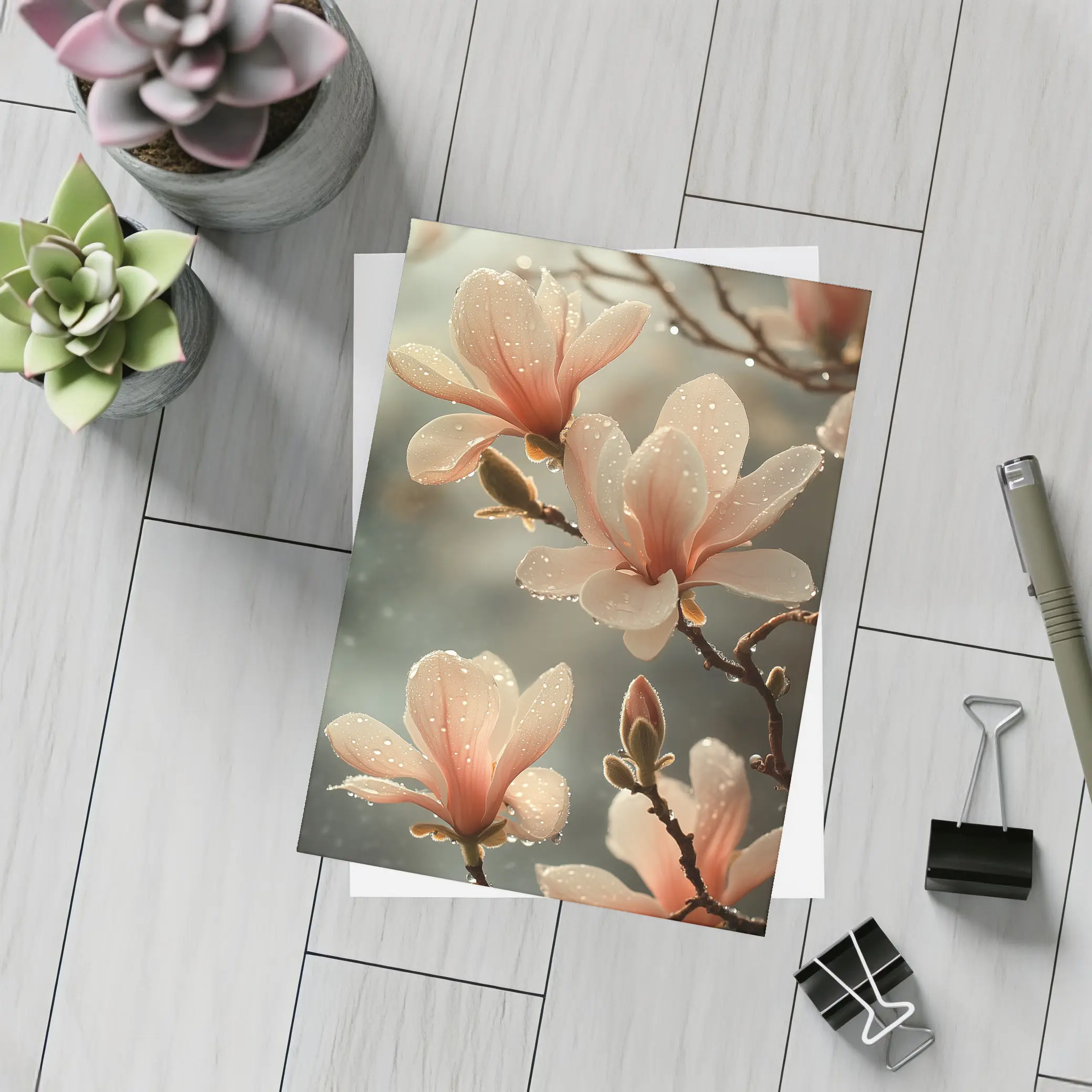 Pink Magnolia Flowers With Dew Drops – Postcards