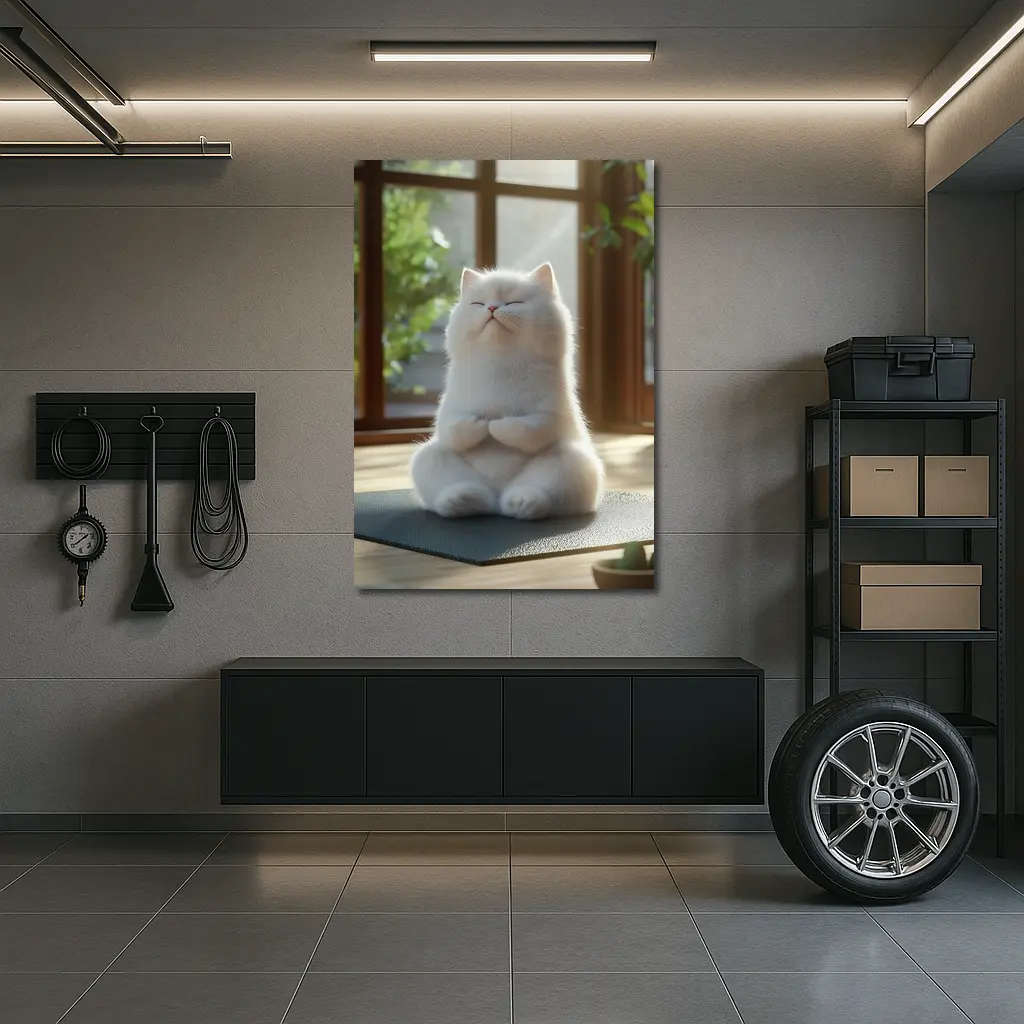 White Cat Meditating on Yoga Mat Indoors – Wall Art