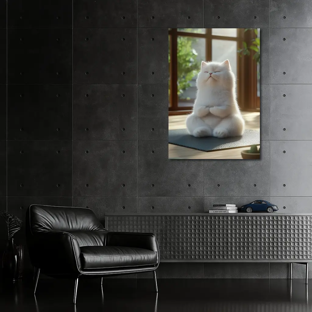 White Cat Meditating on Yoga Mat Indoors – Wall Art