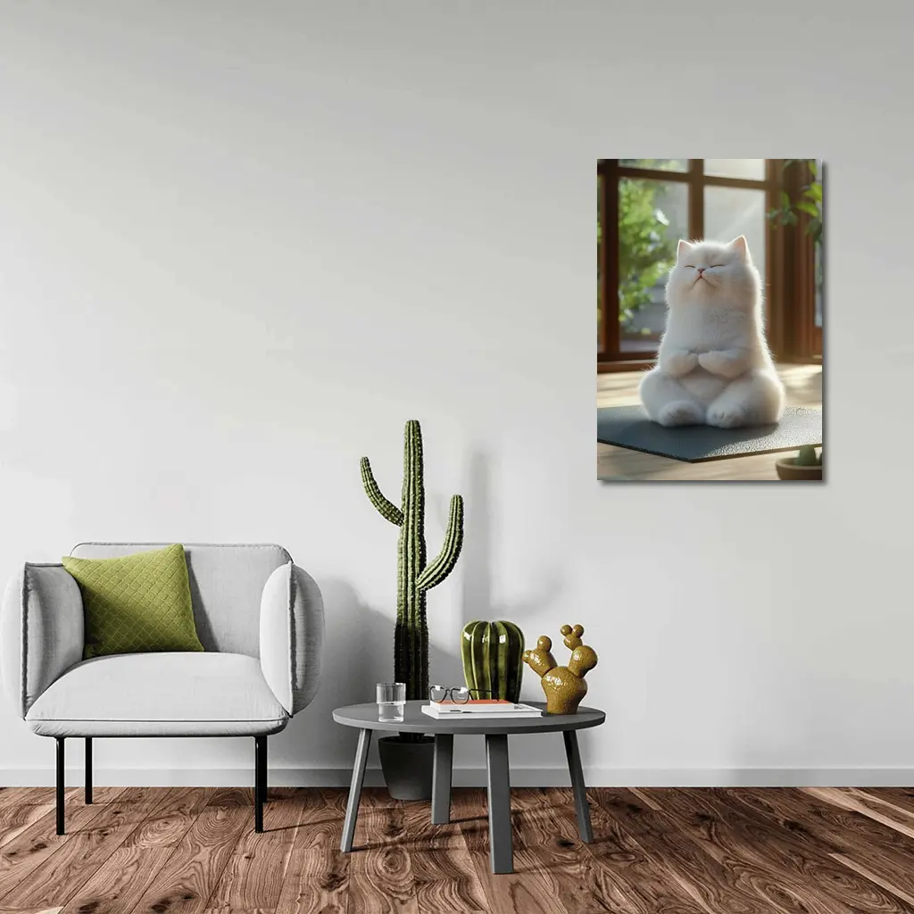White Cat Meditating on Yoga Mat Indoors – Wall Art