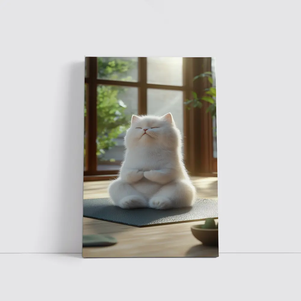 White Cat Meditating on Yoga Mat Indoors – Wall Art