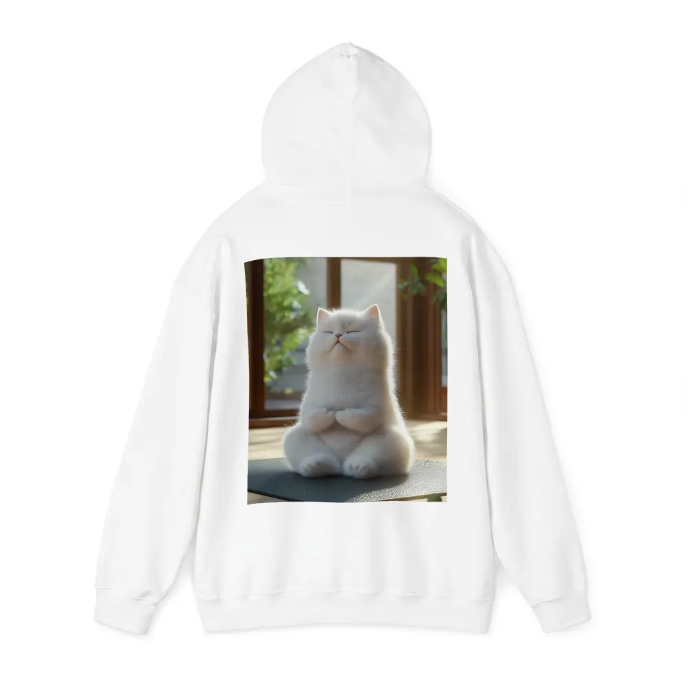 White Cat Meditating on Yoga Mat Indoors – Hoodies