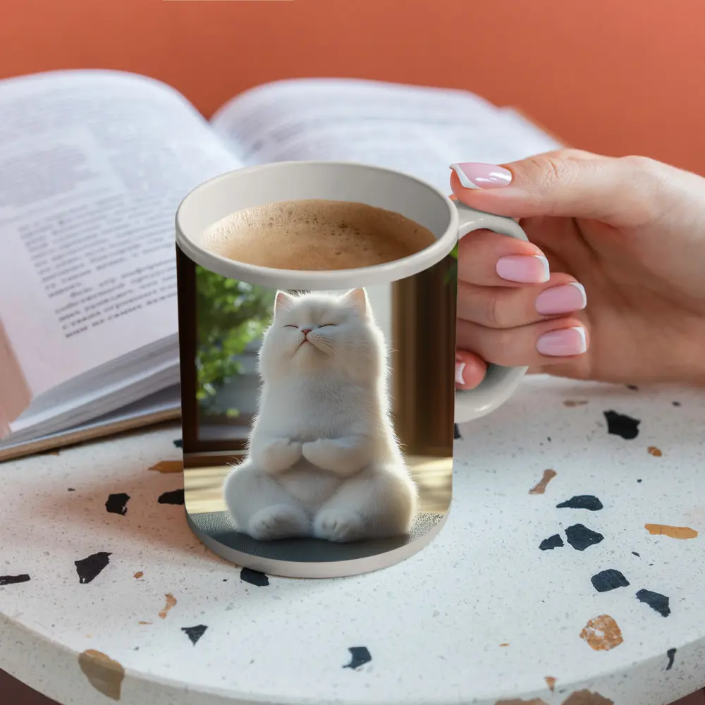 White Cat Meditating on Yoga Mat Indoors – Mugs