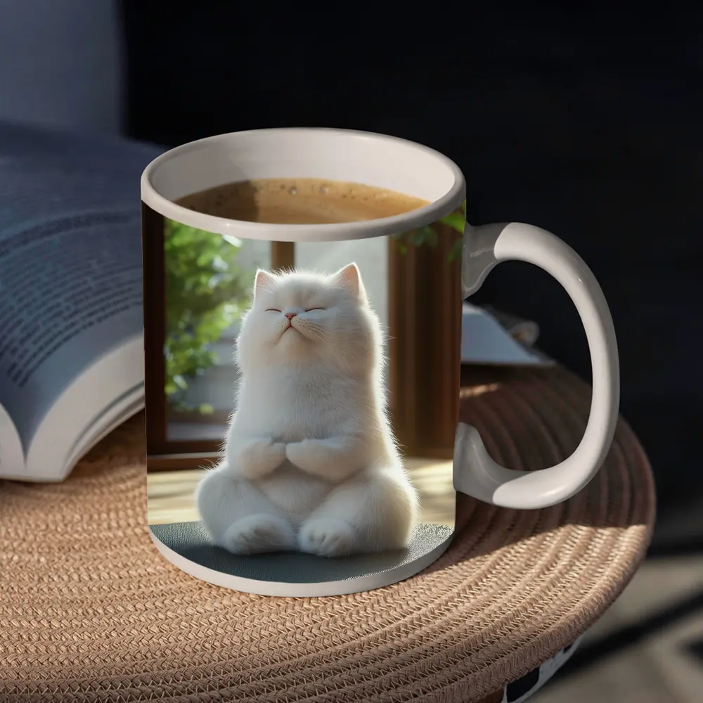 White Cat Meditating on Yoga Mat Indoors – Mugs