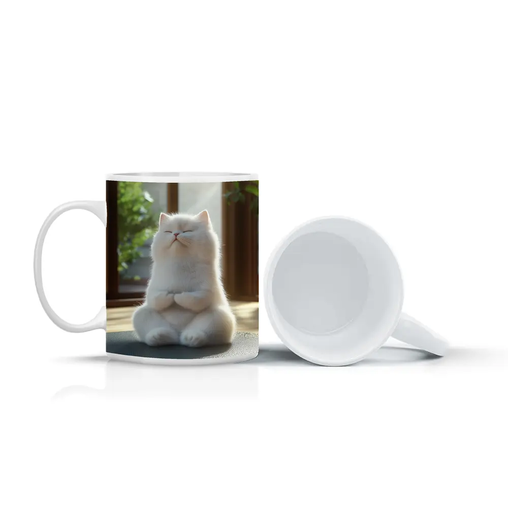 White Cat Meditating on Yoga Mat Indoors – Mugs