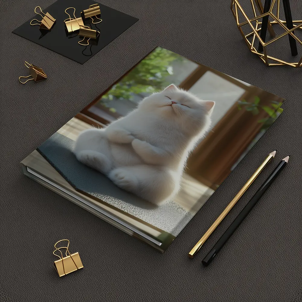 White Cat Meditating on Yoga Mat Indoors – Notebooks