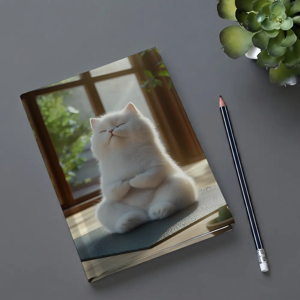 White Cat Meditating on Yoga Mat Indoors – Notebooks