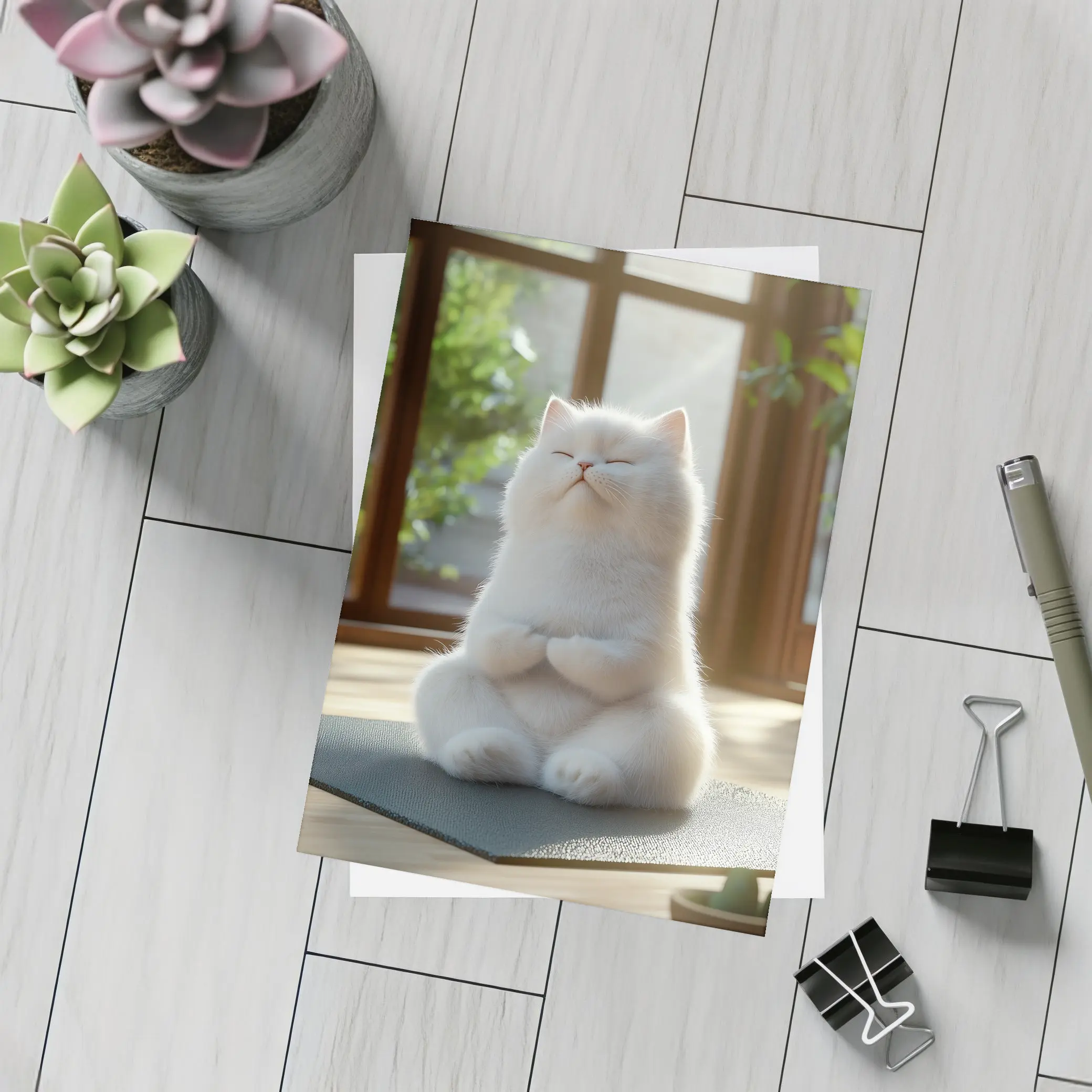 White Cat Meditating on Yoga Mat Indoors – Postcards