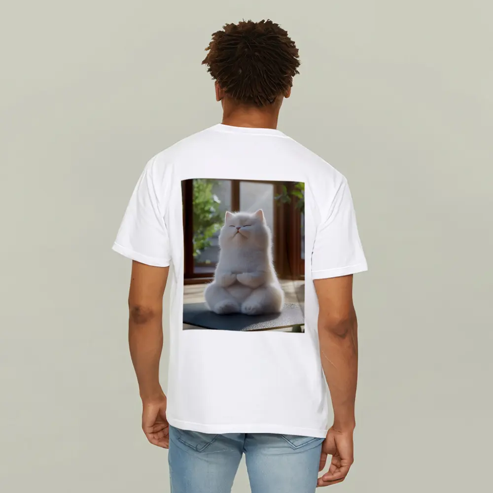 White Cat Meditating on Yoga Mat Indoors – T-Shirts