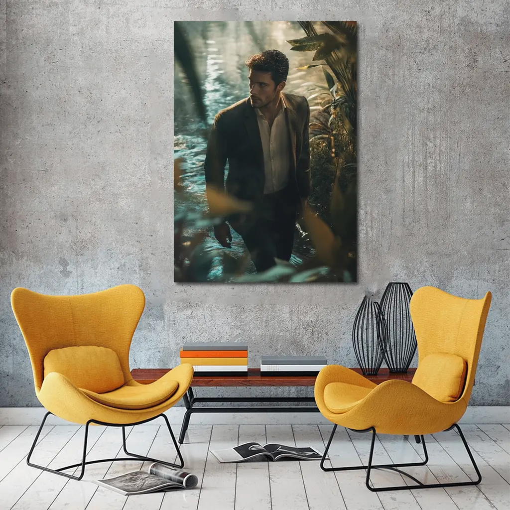 Man in Suit Wading Through Jungle Water – Wall Art
