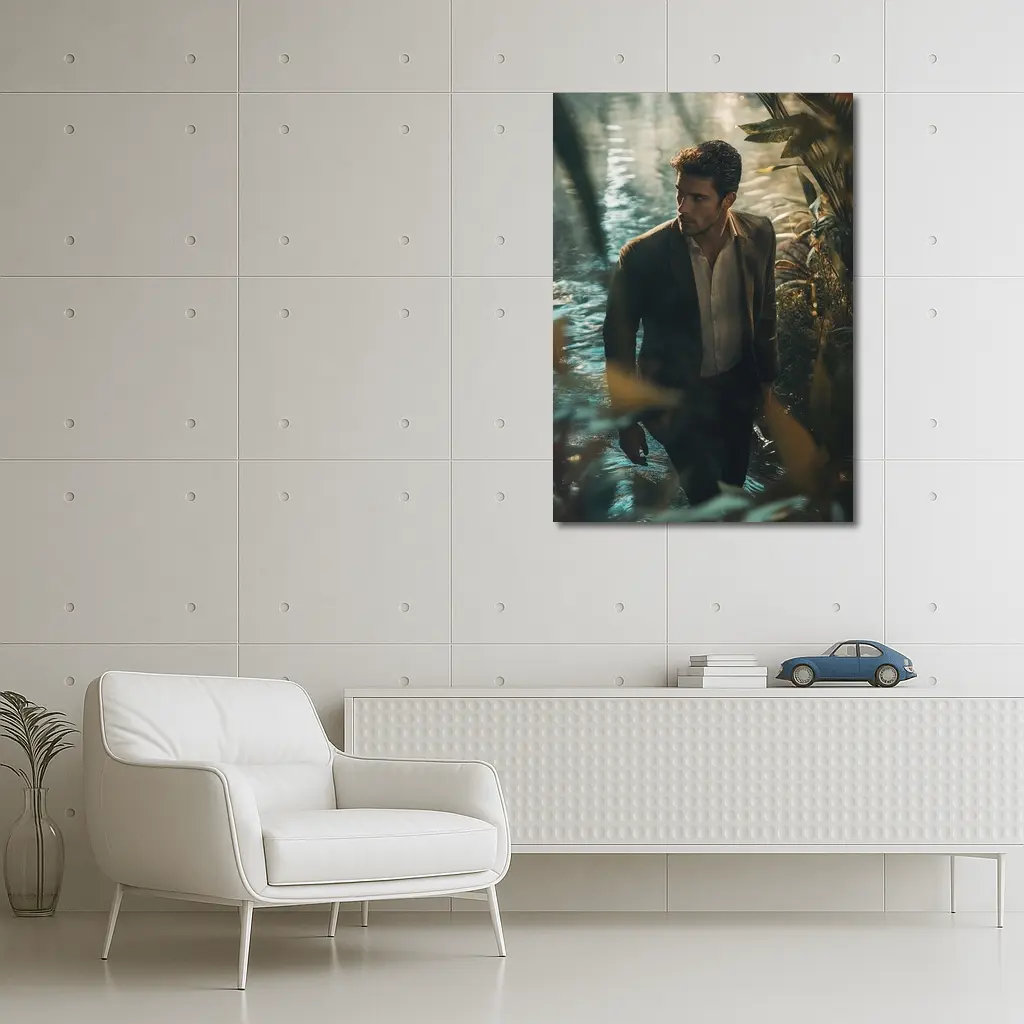 Man in Suit Wading Through Jungle Water – Wall Art