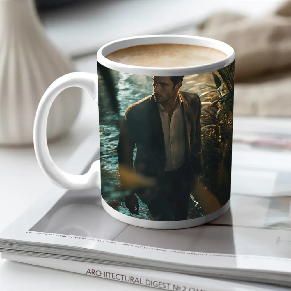 Man in Suit Wading Through Jungle Water – Mugs