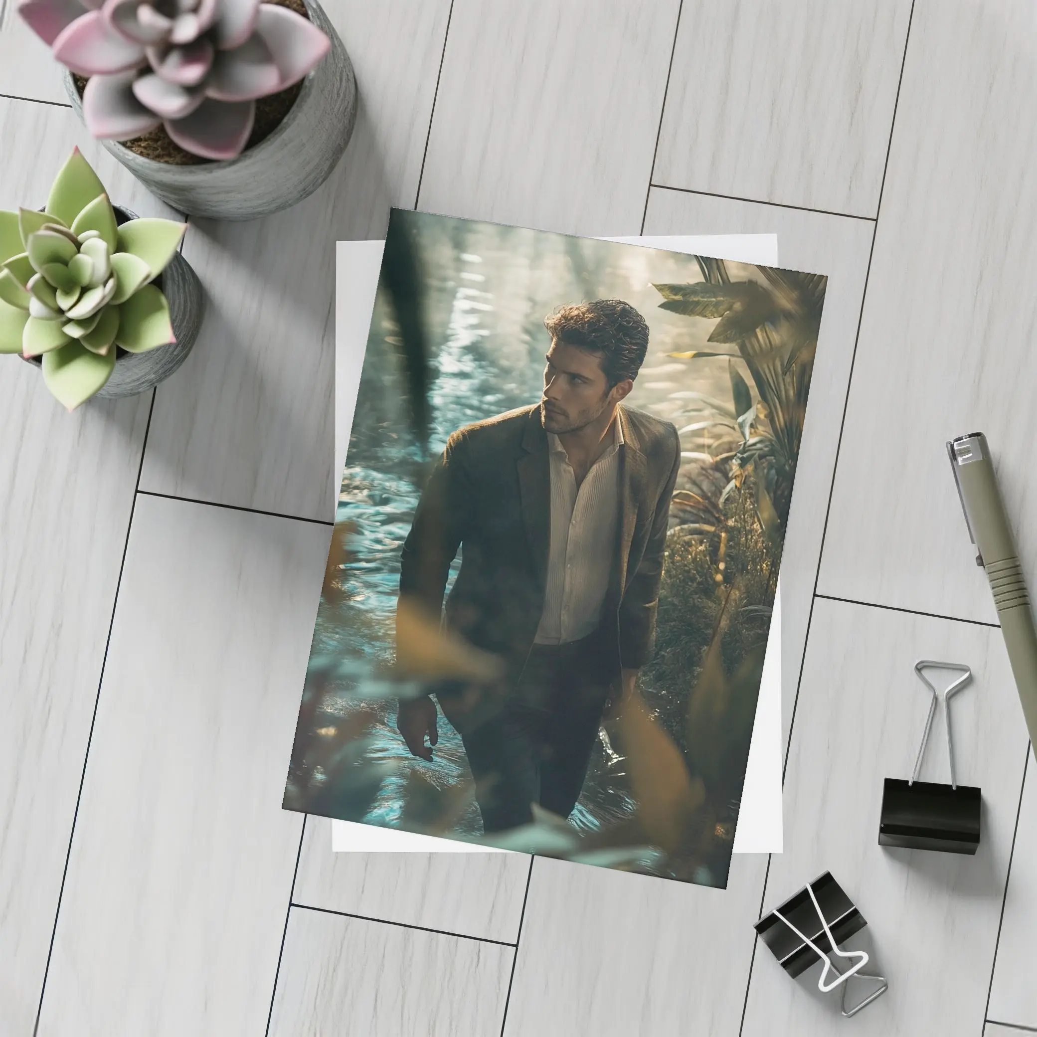 Man in Suit Wading Through Jungle Water – Postcards