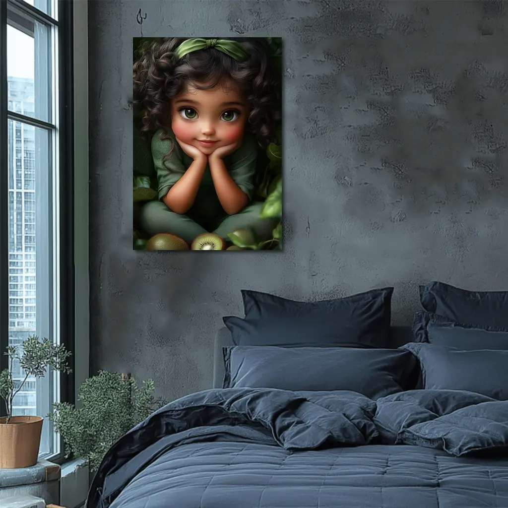 Cute Cartoon Girl With Kiwi Fruit Green – Wall Art