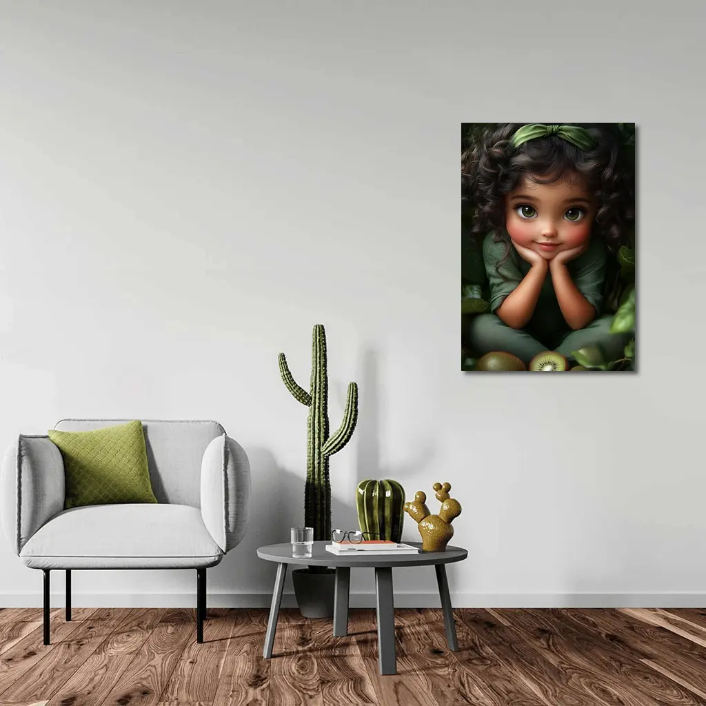 Cute Cartoon Girl With Kiwi Fruit Green – Wall Art
