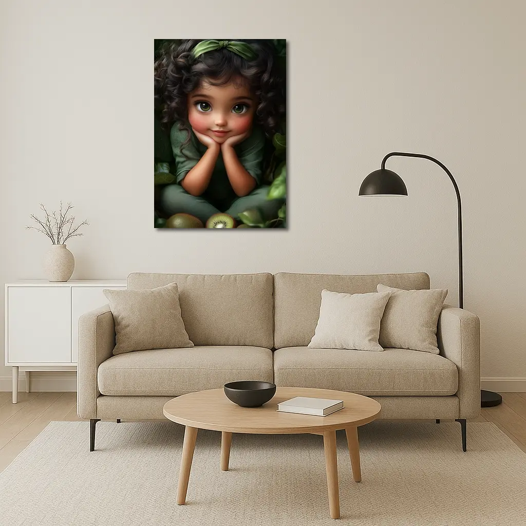 Cute Cartoon Girl With Kiwi Fruit Green – Wall Art