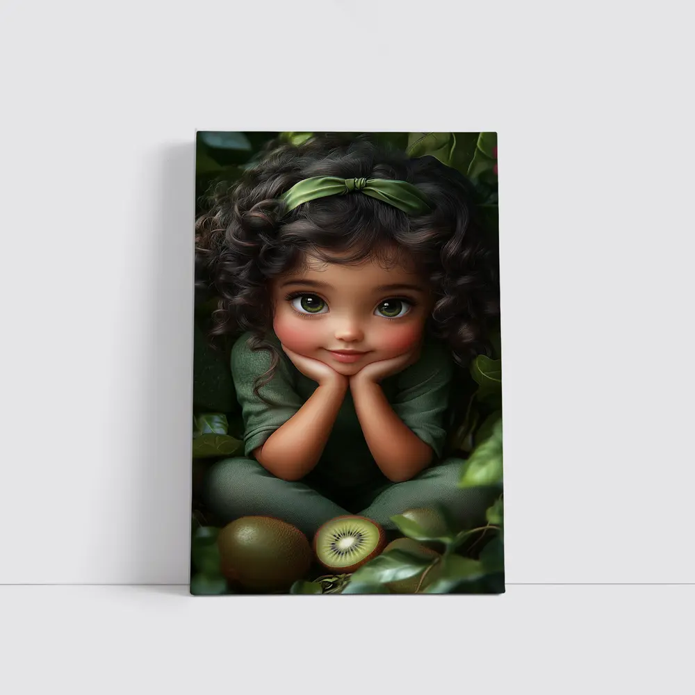 Cute Cartoon Girl With Kiwi Fruit Green – Wall Art