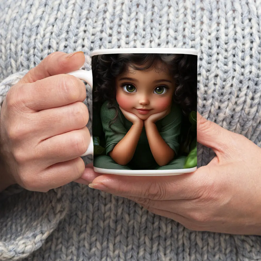 Cute Cartoon Girl With Kiwi Fruit Green – Mugs