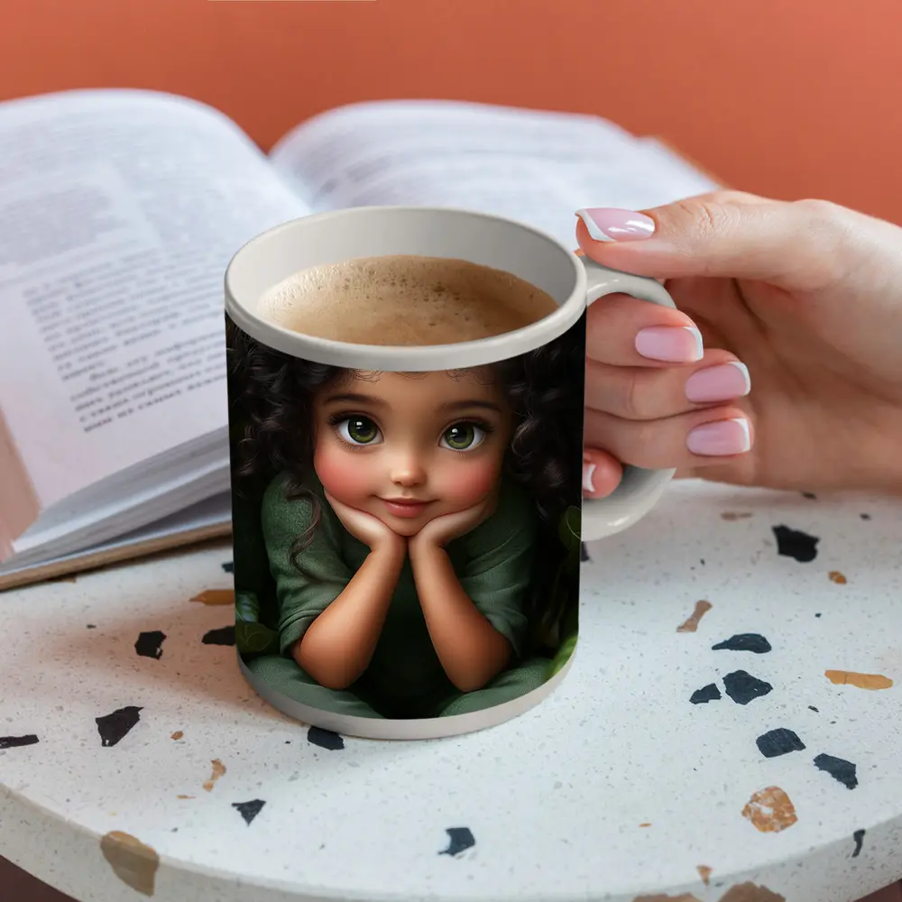 Cute Cartoon Girl With Kiwi Fruit Green – Mugs