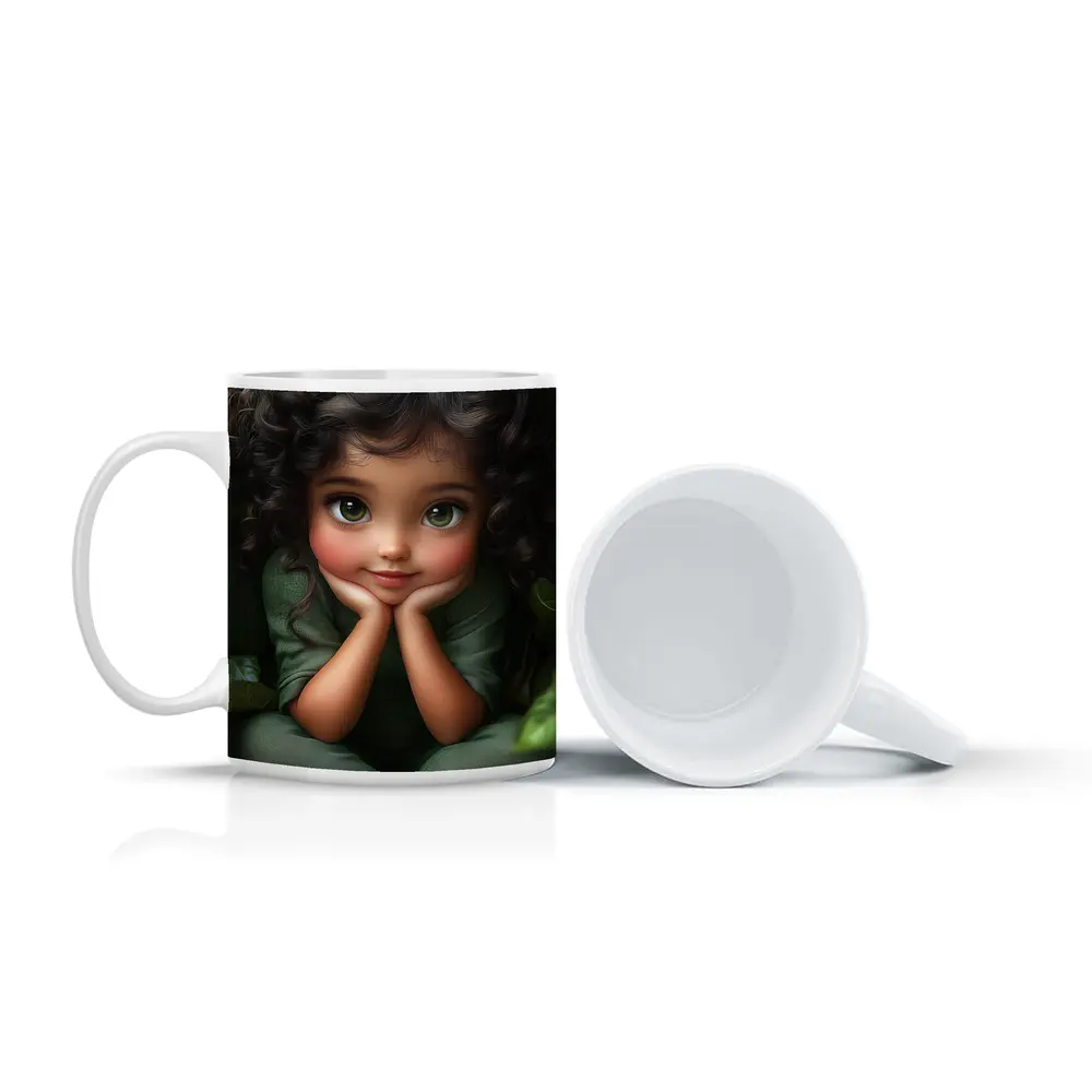 Cute Cartoon Girl With Kiwi Fruit Green – Mugs