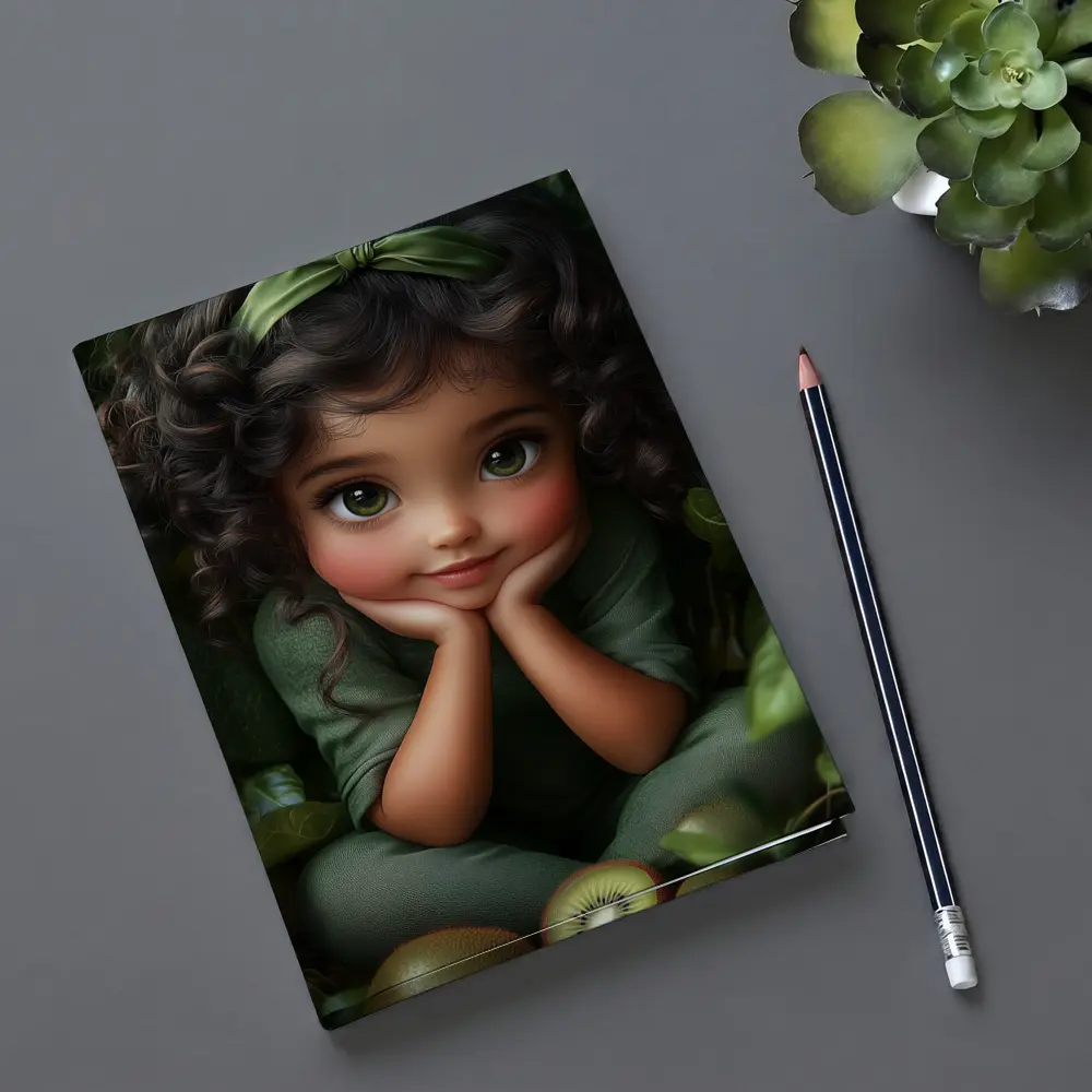 Cute Cartoon Girl With Kiwi Fruit Green – Notebooks