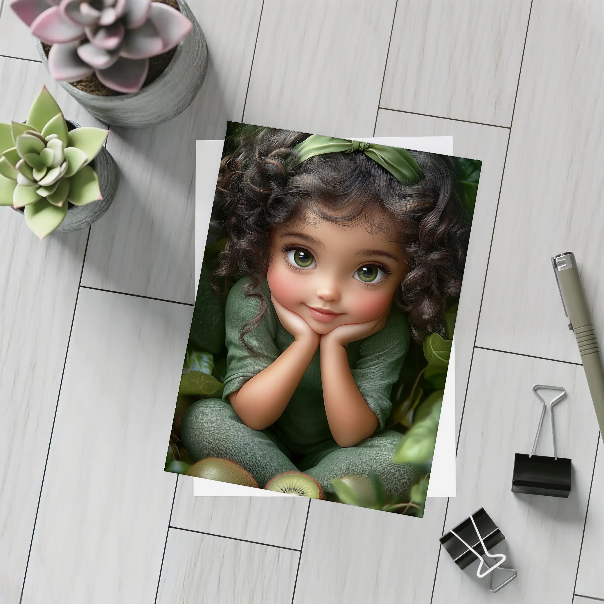 Cute Cartoon Girl With Kiwi Fruit Green – Postcards