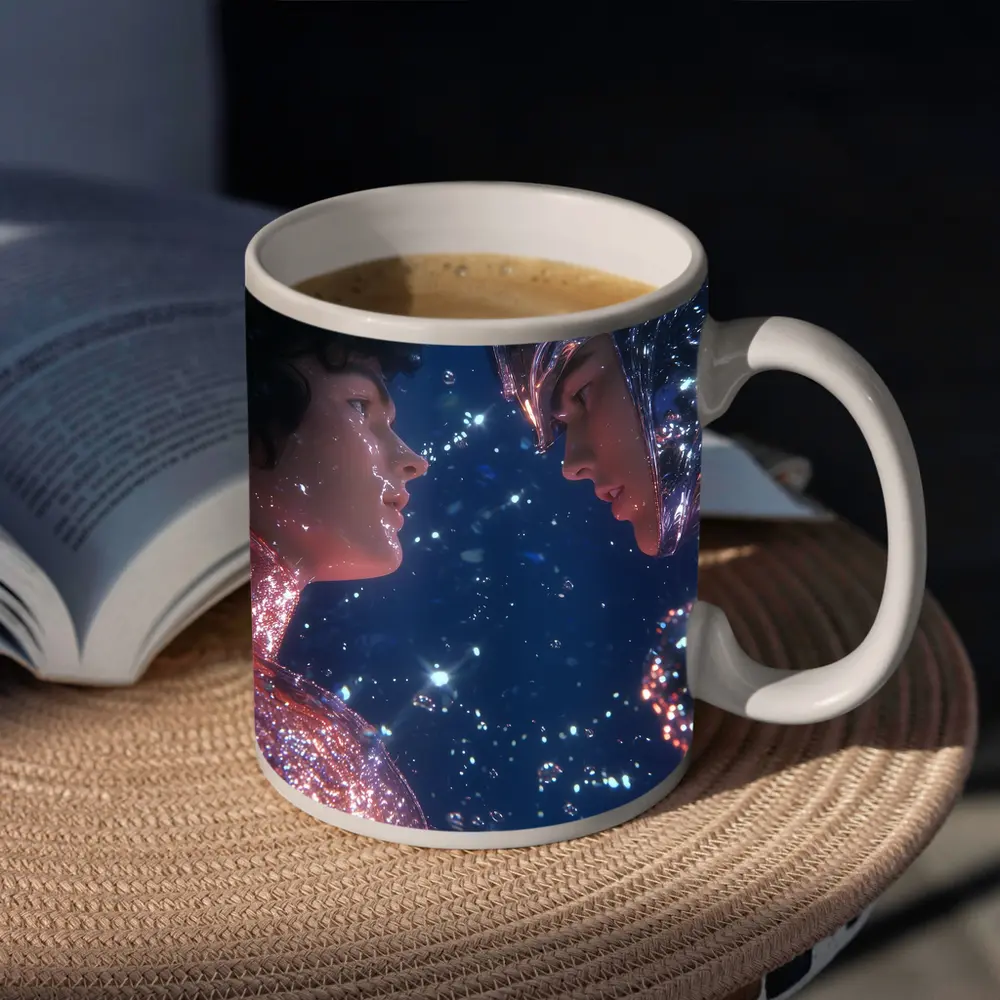Two Cosmic Beings Facing Deep Blue Space – Mugs