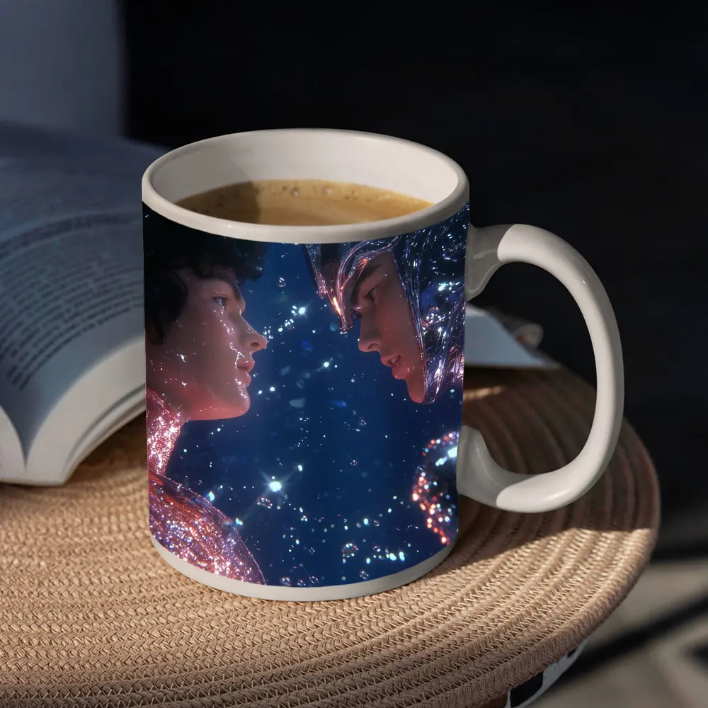 Two Cosmic Beings Facing Deep Blue Space – Mugs
