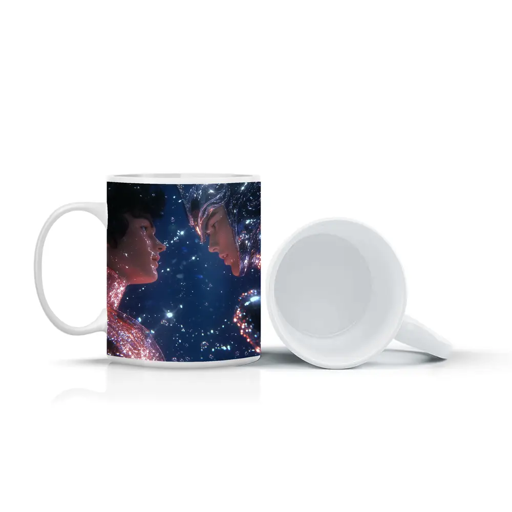 Two Cosmic Beings Facing Deep Blue Space – Mugs