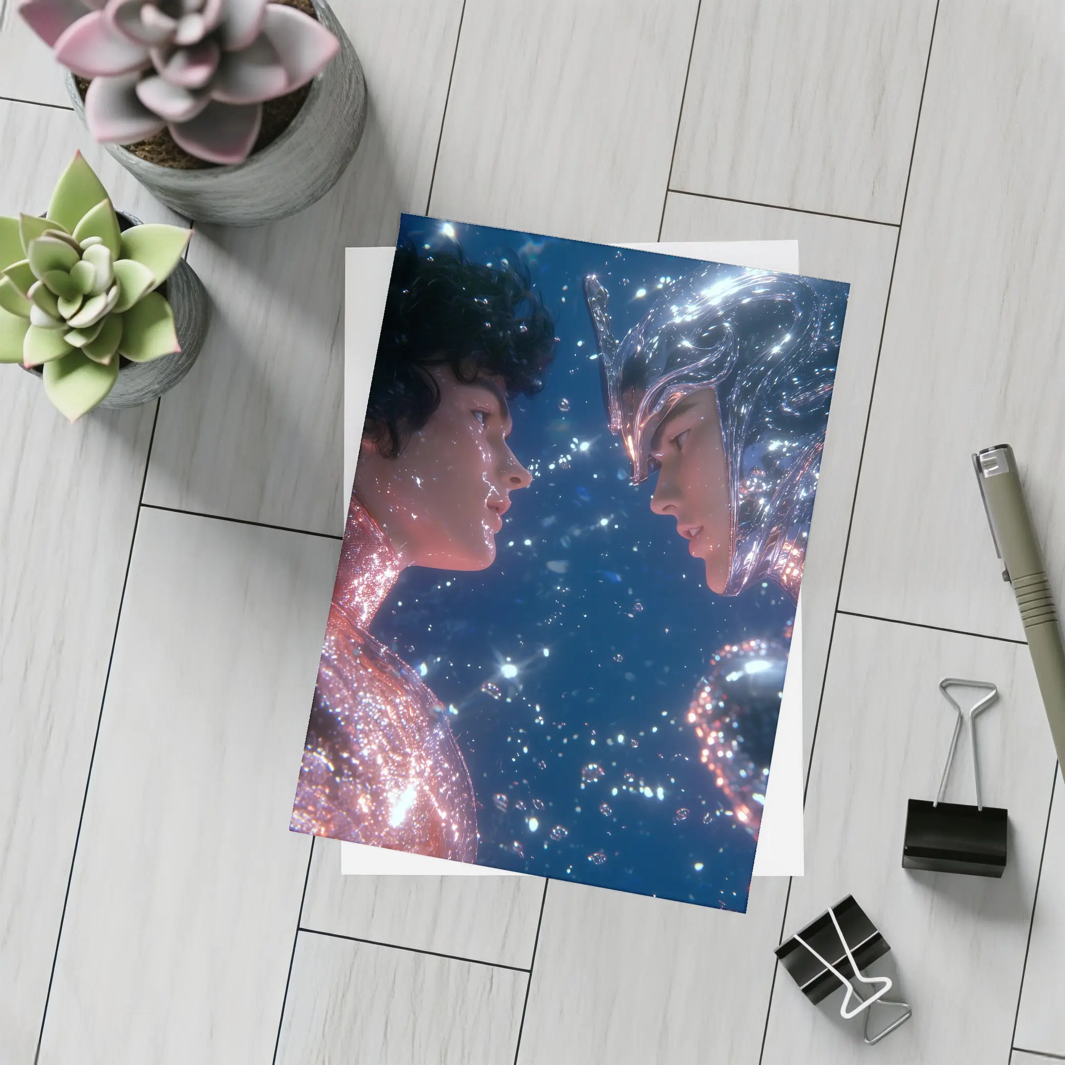 Two Cosmic Beings Facing Deep Blue Space – Postcards