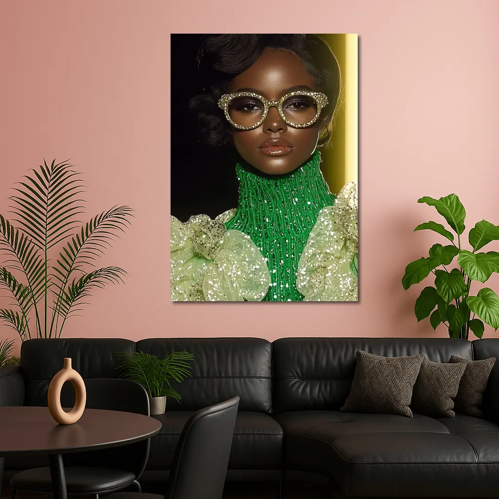 Glamorous Woman Gold Rhinestone Glasses Fashion Portrait – Wall Art