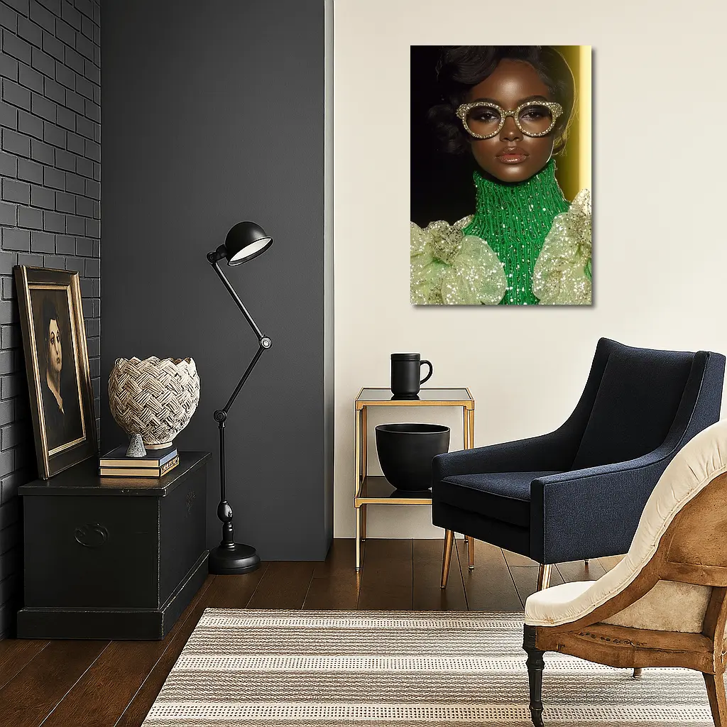 Glamorous Woman Gold Rhinestone Glasses Fashion Portrait – Wall Art