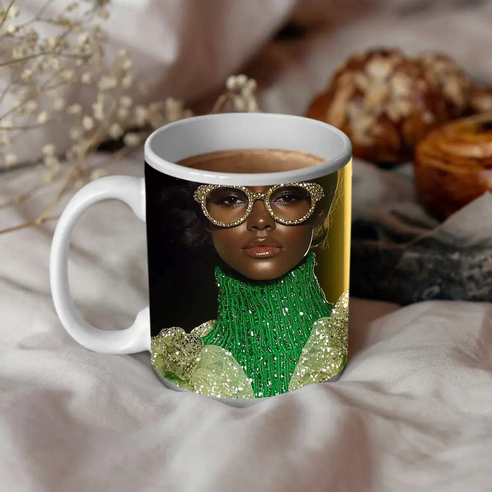 Glamorous Woman Gold Rhinestone Glasses Fashion Portrait – Mugs