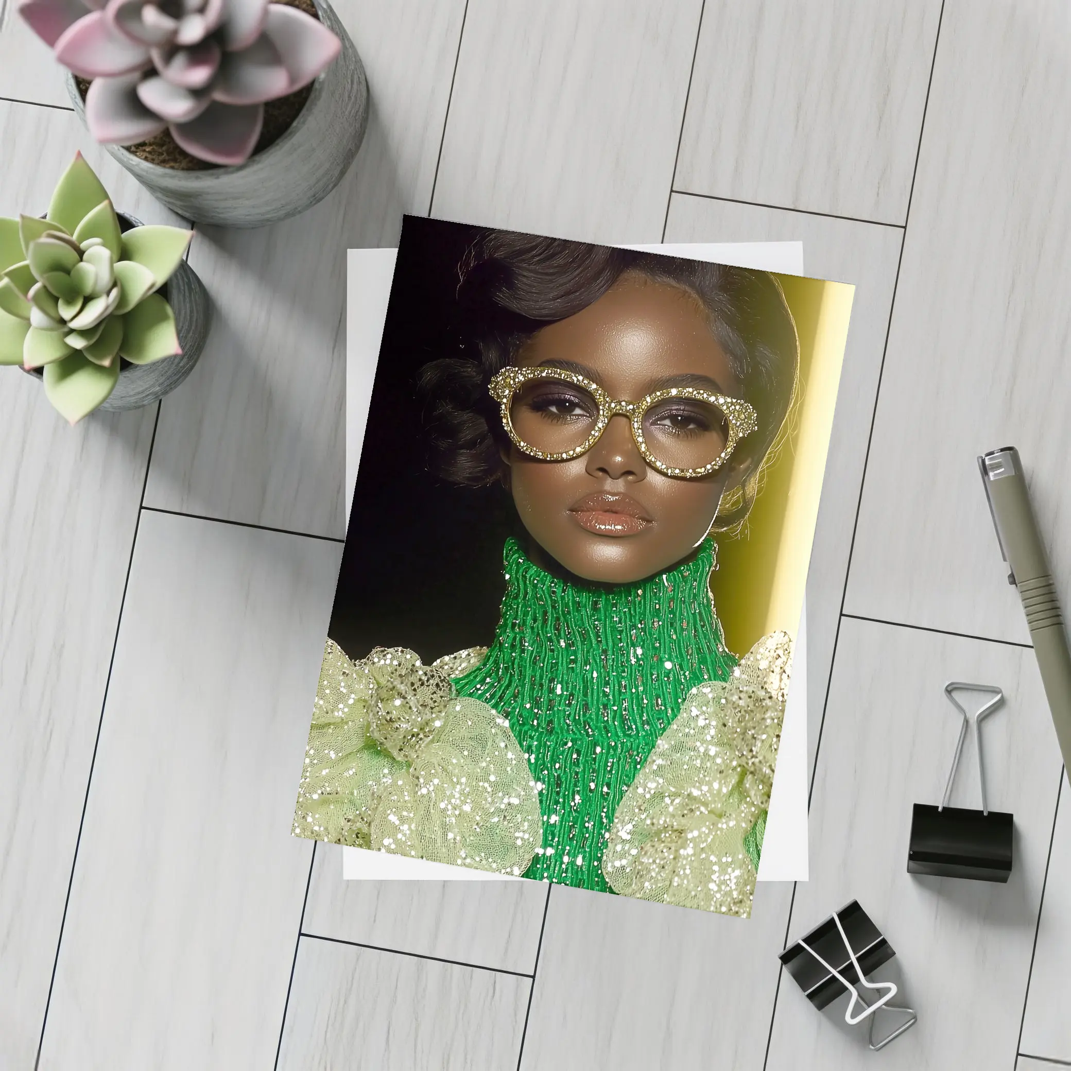 Glamorous Woman Gold Rhinestone Glasses Fashion Portrait – Postcards